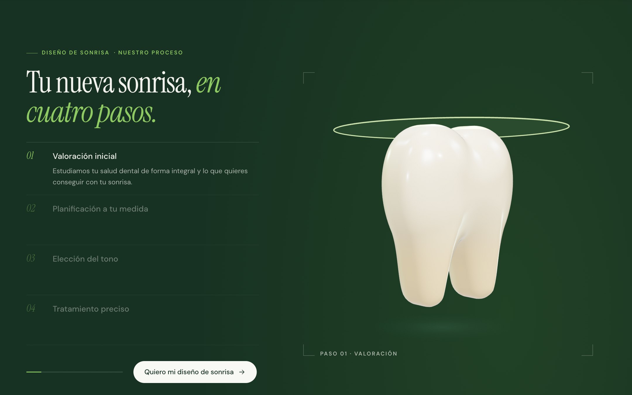 Primer paso del proceso, con el diente 3D sobre fondo verde